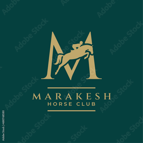 Elegant luxury letter M monogram horse jumping logo, letter M horse logo, show jumping horse logo, logo type, typography