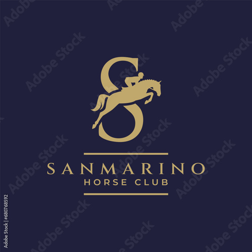 Elegant luxury letter S monogram horse jumping logo, letter S horse logo, show jumping horse logo, logo type, typography