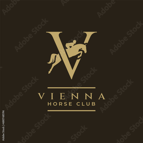 Elegant luxury letter V monogram horse jumping logo, letter V horse logo, show jumping horse logo, logo type, typography