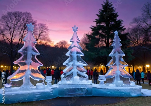 Christmas-Themed Ice Sculptures In A Park, During Twilight.