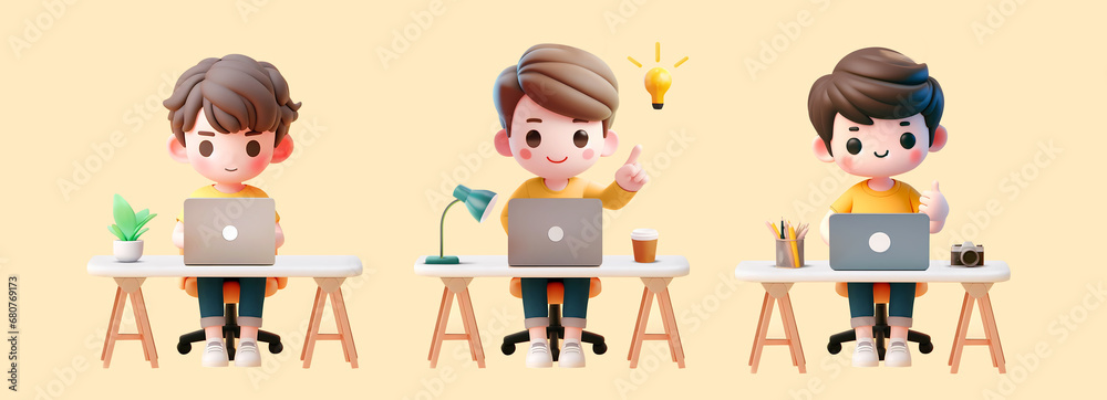 3D cute illustration character of graphic designer working with laptop on desk table with three different poses 3D cute illustration character of graphic designer working with laptop on desk table with three different poses