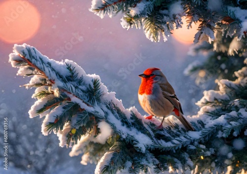 A Christmas-Themed Bird In A Snowy Tree, At Dawn.