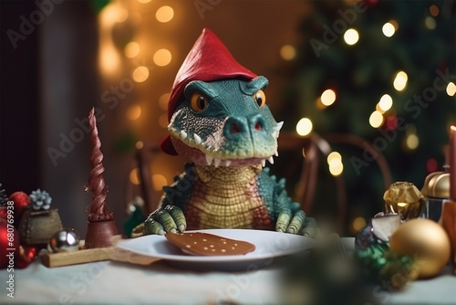 crocodile in a hat at a served Christmas table. holiday and new year concept. 