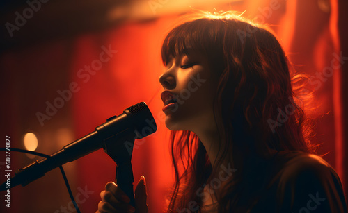 Beautiful woman singing on a vintage microphone