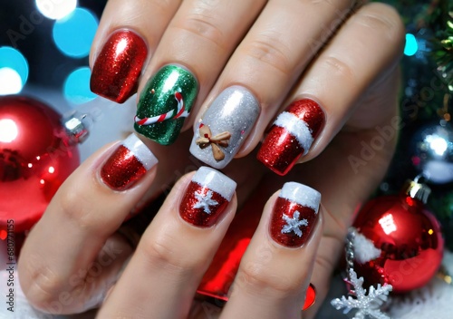 Christmas-Themed Nail Art, With A Sparkling Effect.