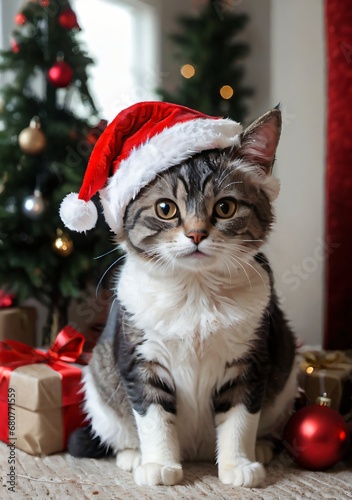 A Christmas Cat With A Santa Hat, In A Cozy Room Setting.