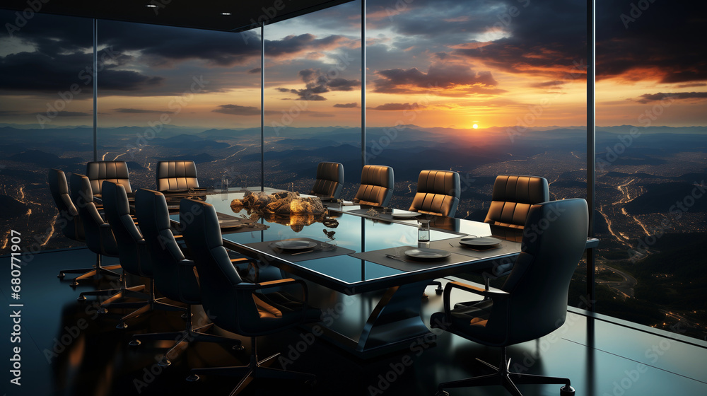 a corporate boardroom at the highest point of sky scraper - obrazy, fototapety, plakaty 