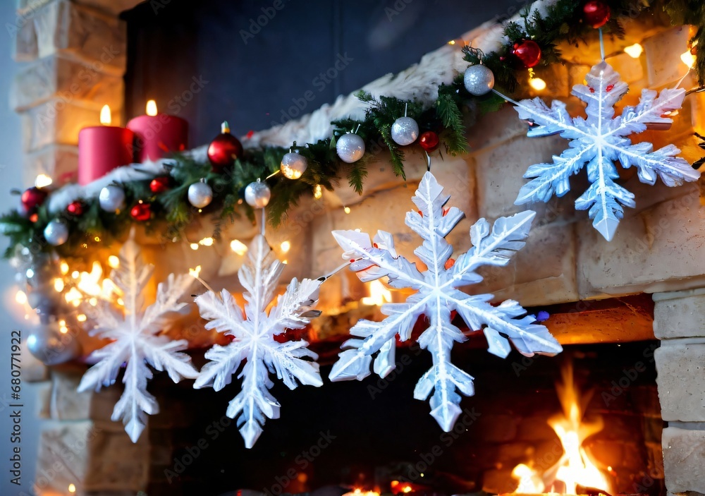 A Christmas Snowflake Garland On A Fireplace, With Evening Lighting.