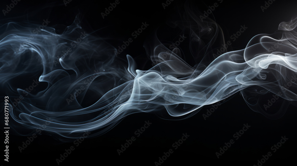 Fototapeta premium Smoke, incense or gas in a studio with dark background by mockup space for magic effect with abstract. Fog, steam or vapor mist moving in air for cloud smog pattern by black backdrop with banner.