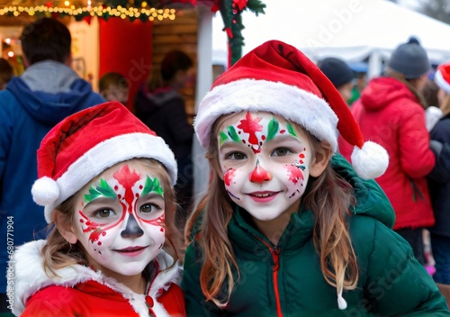 Christmas-Themed Face Painting At A Holiday Fair, With Kids In Winter Attire.