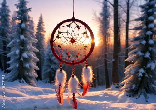 A Christmas-Themed Dreamcatcher In A Winter Forest, At Sunrise.