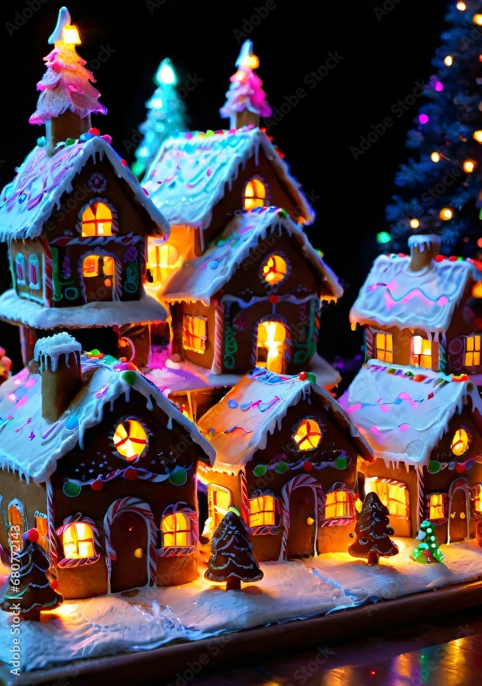A Christmas Gingerbread Village With Colorful Evening Lighting.