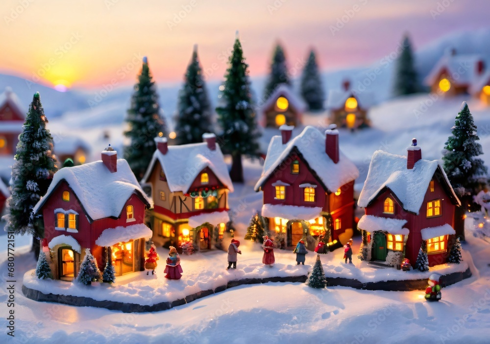 A Miniature Christmas Village Set In A Snowy Landscape, During The Golden Hour.