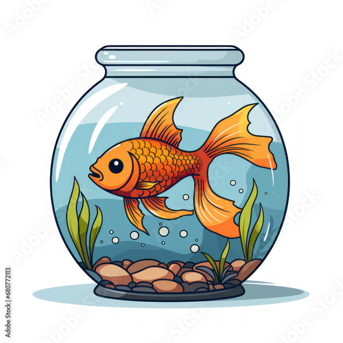 A gentle goldfish in a blue and orange aquarium  