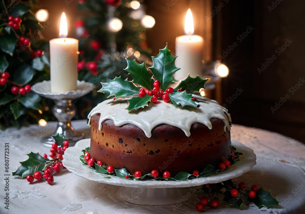 Christmas Cake Decorated With Holly And Berries, In A Dimly Lit Dining Room.