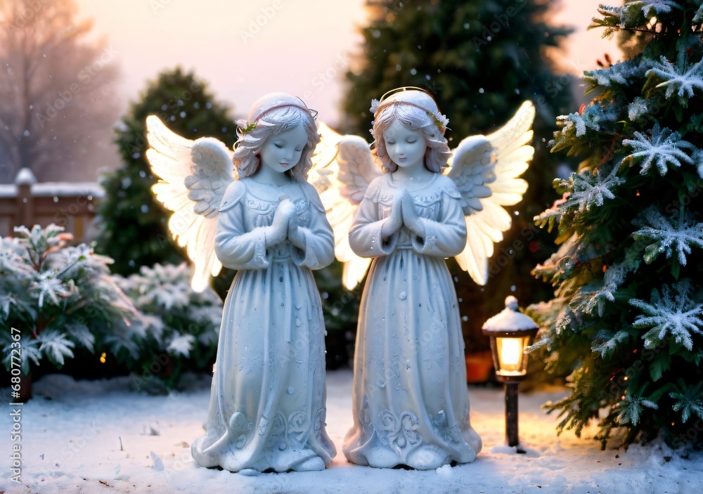 Snow-Dusted Christmas Angel Figurines In A Garden, During A Soft Dawn.