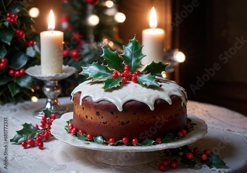 Christmas Cake Decorated With Holly And Berries, In A Dimly Lit Dining Room.