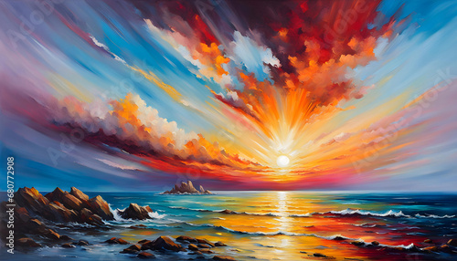 Beautiful abstract oil painting of a sunset landscape over the sea