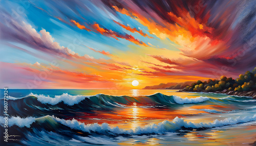 Beautiful abstract oil painting of a sunset landscape over the sea