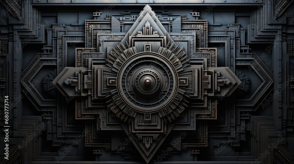 Intricate Geometric Design with Dark Grey Metallic Gear in Center