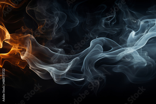 Smoke, incense or gas in a studio with dark background by mockup space for magic effect with abstract. Fog, steam or vapor mist moving in air for cloud smog pattern by black backdrop with banner.