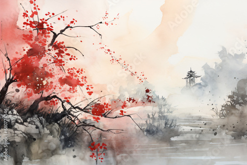A watercolor splatter painting of a cherry blossom tree with red leaves
