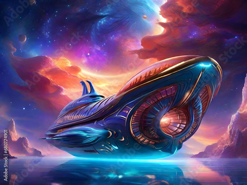 Embark on a cosmic journey with this mesmerizing depiction of an aetherial quantum cruiser