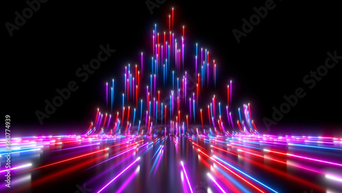 Sci Fi neon glowing particles in a dark hall. Reflections on the floor and walls. Colorful neon lines sliding up over the black background. 3d rendering image. Technology futuristic background.