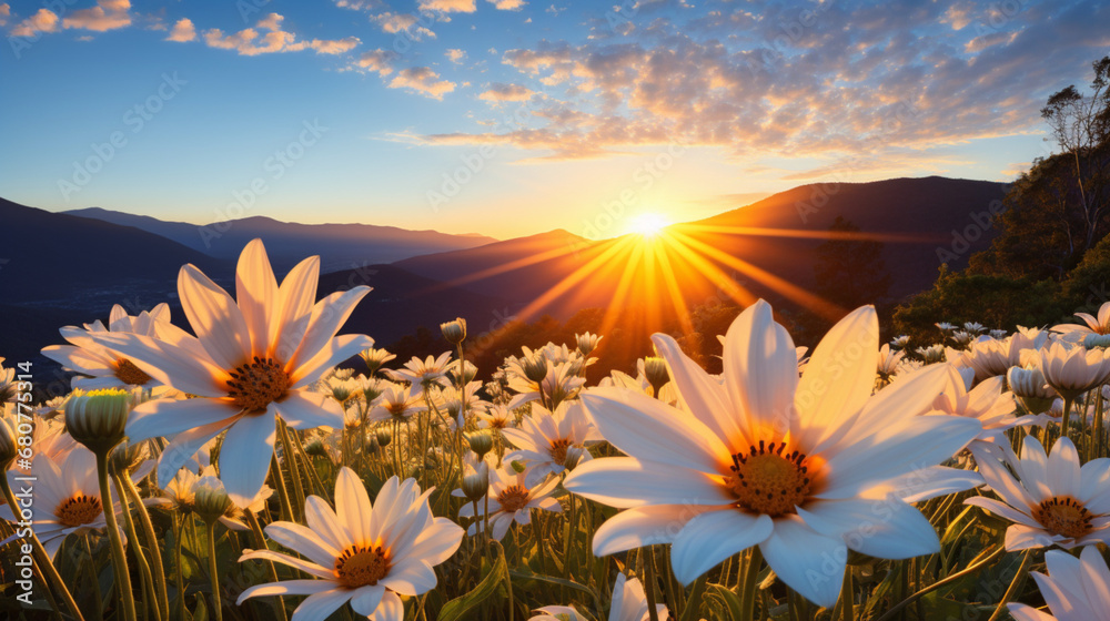 sunset over the mountains and flowers