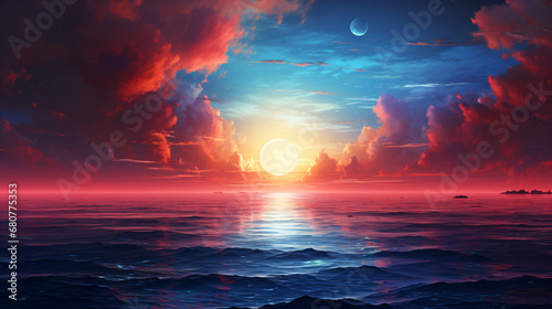 A red and blue sunset over the ocean with the sun and moon