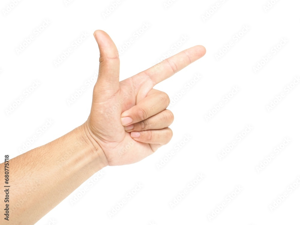 Male hand pointing finger to the side The idea of pointing at something, such as an object or text. Isolated on a white background.