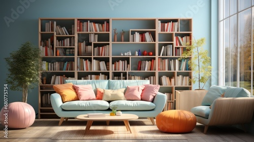 Interior design of modern living room with pink sofa, coffee table and bookcase © Lena