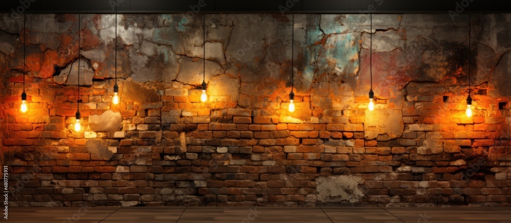 Red brick wall with light bulbs.