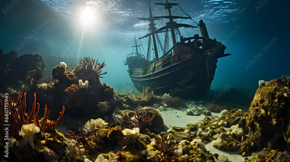 Underwater view of an old sunken ship on the seabed, Pirate ship and coral reef in the ocean - obrazy, fototapety, plakaty 