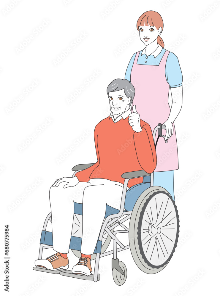 介護士に車椅子を押してもらうシニア男性 介護士に車椅子を押してもらうシニア男性