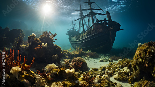 Underwater view of an old sunken ship on the seabed, Pirate ship and coral reef in the ocean