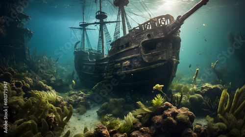 Underwater view of an old sunken ship on the seabed, Pirate ship and coral reef in the ocean photo