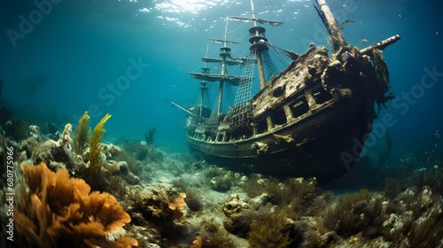 Underwater view of an old sunken ship on the seabed, Pirate ship and coral reef in the ocean © wing