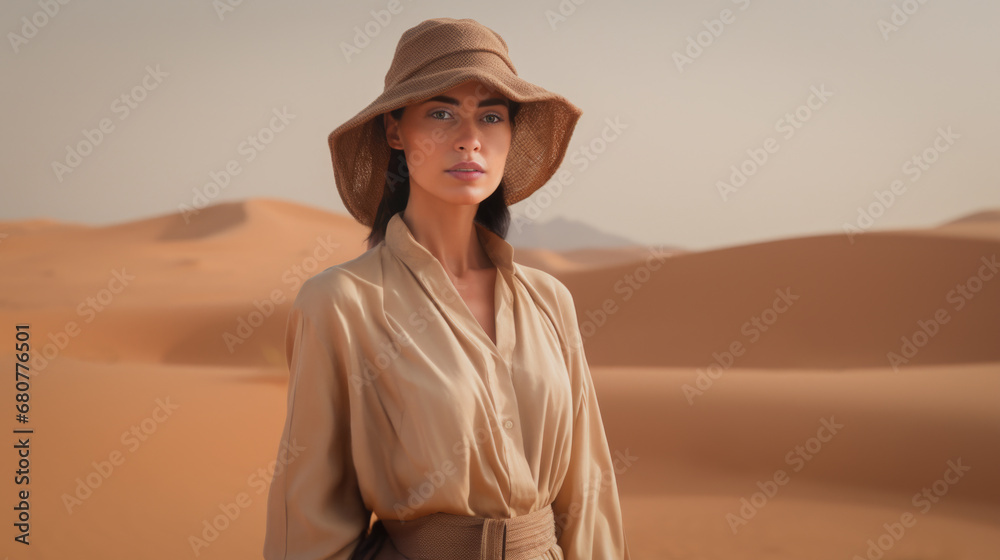 A fashion model standing in a desert. She is wearing a sun hat and light brown clothing. Sand dunes in the background. Long brown hair. A fashion model standing in a desert. She is wearing a sun hat and light brown clothing. Sand dunes in the background. Long brown hair.