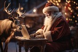 Santa use laptop, reindeer with sled. Generative AI.