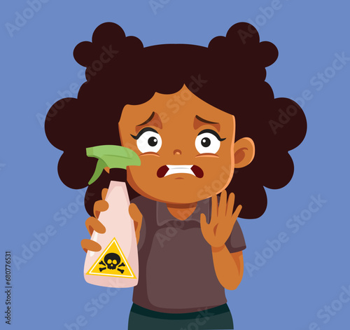 Child Holding a Toxic Recipient Feeling Unsafe Vector Cartoon Illustration. Little girl having access to chlorine -based household detergents
