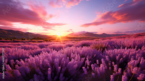 sunset over the field of purple flower