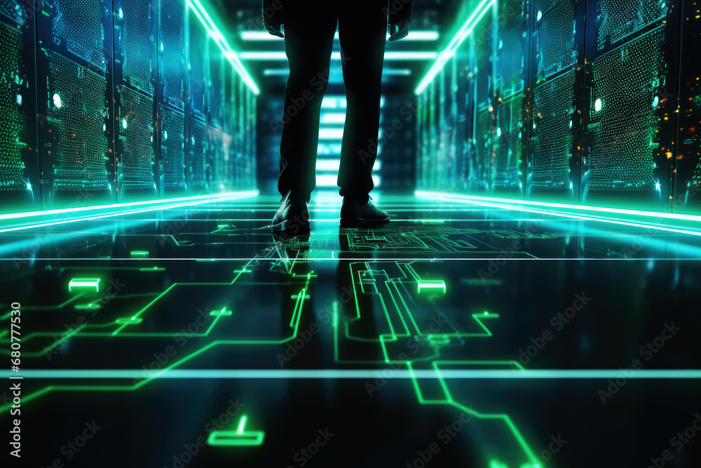 A man walks down the corridor to the Futuristic Data Center . Ai generated. A man walks down the corridor to the Futuristic Data Center . Ai generated.