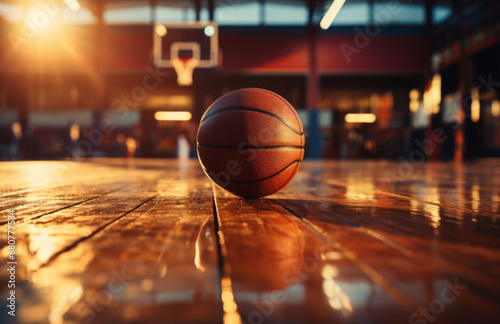 Basketball, indoor and court with ball on floor for athletic competition, fitness and recreation low angle. Exercise, cardio and texture of sports equipment for training, match and workout at sunset © Allistair/Peopleimages - AI