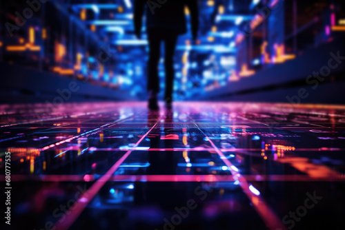 A man walks down the corridor to the Futuristic Data Center . Ai generated.