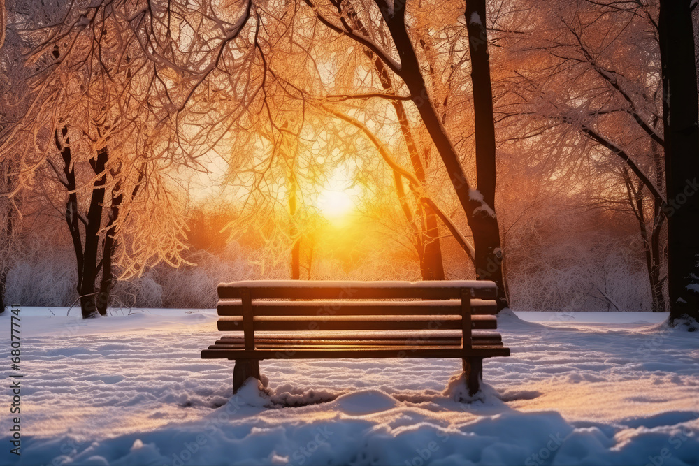 a park bench covered in snow in the park ,morning light background .generative ai