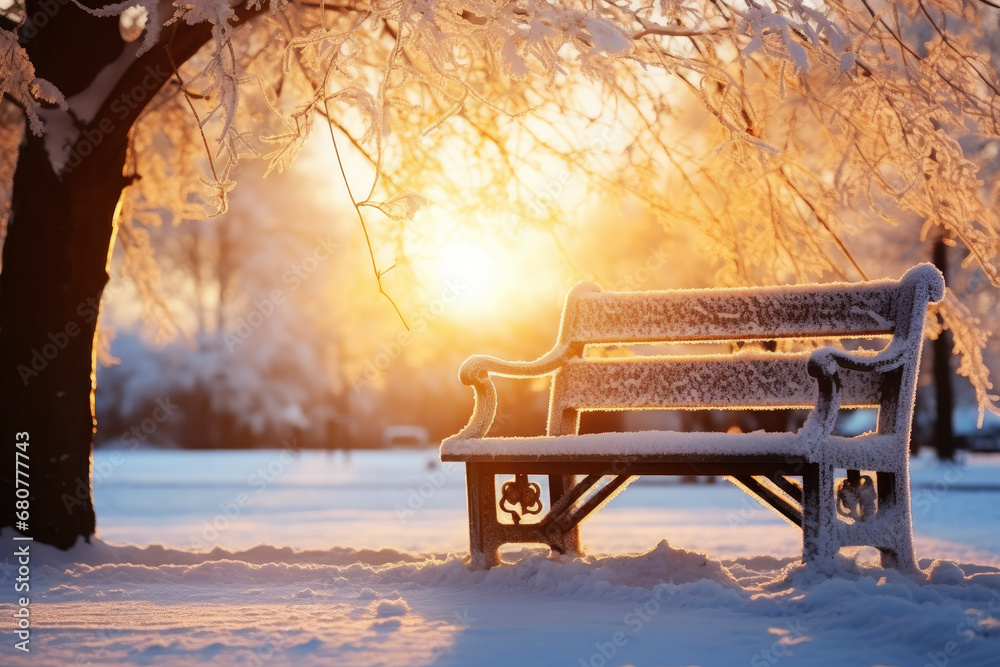 a park bench covered in snow in the park ,morning light background .generative ai