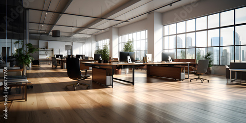Interior of a modern office with a wood floor and windows