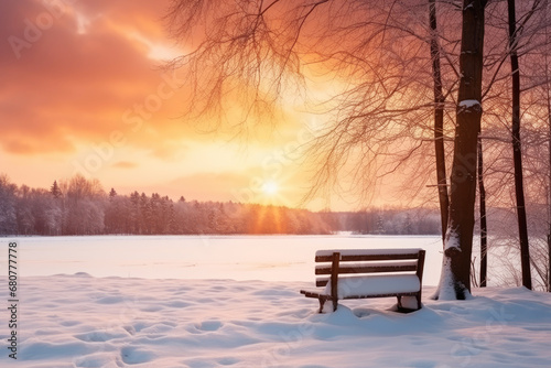 a park bench covered in snow in the park ,morning light background .generative ai