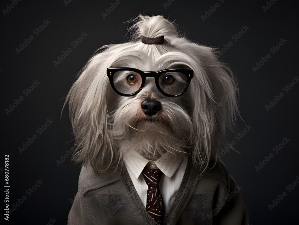 Naklejka premium Studio portrait of a bearded collie dog wearing a suit and tie.